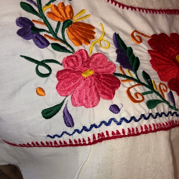 Sz L Mexican White Floral Embroidered S/S Shirt - Picture 7 of 12